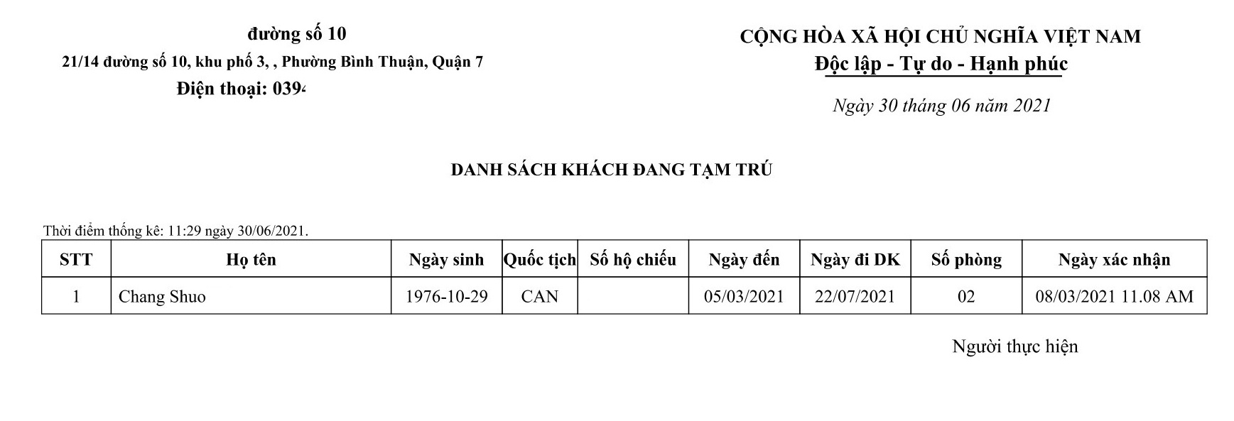 Output of the online residence declaration