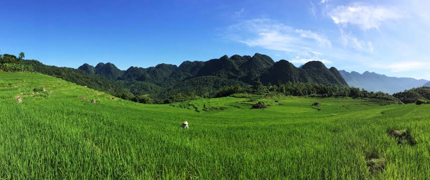 Trekkers going off the beaten track in Pu Luong past a Thai stilt-house village and rice terraces
